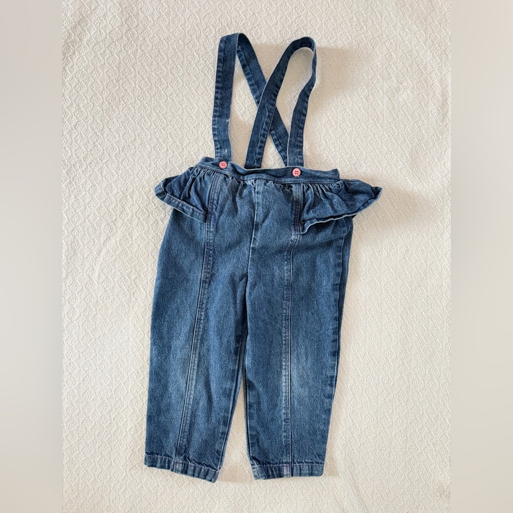Tot Trends VTG Denim Ruffle Overalls with Pink Buttons and Adjustable Straps